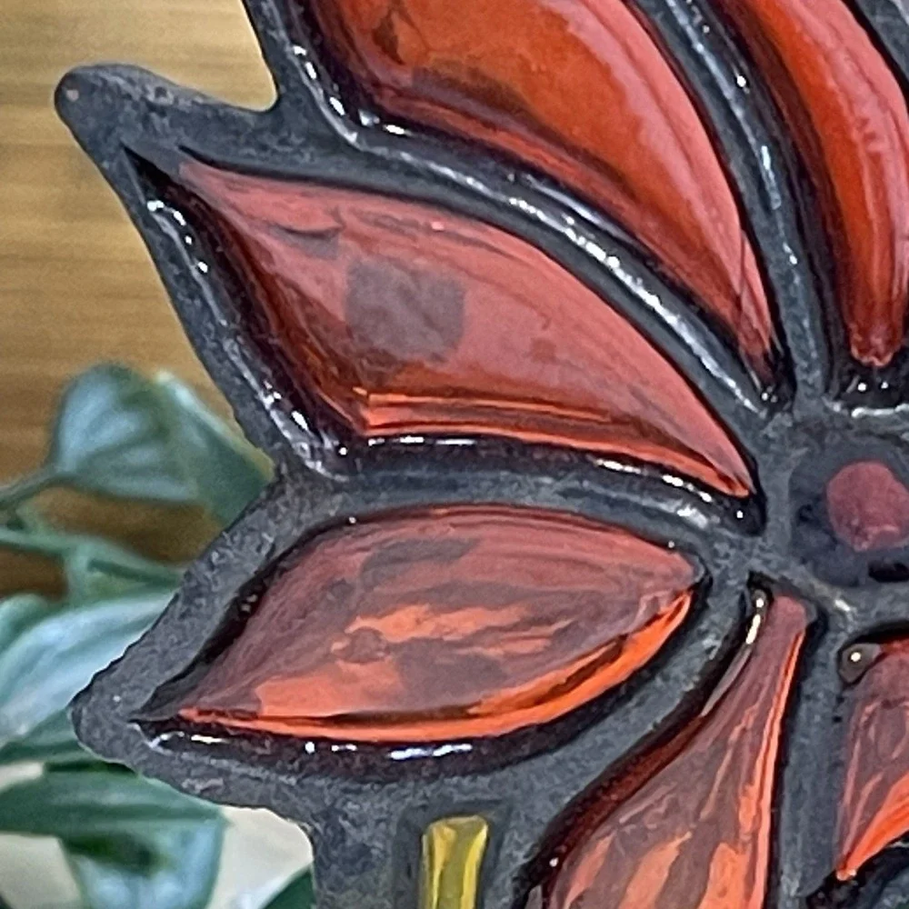 Vtg Stained Glass Cast Iron Tea Light Candle Holder Poinsettia Christmas Taiwan